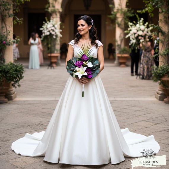 Fuchsia and White Bouquet, Tropical bridal Bouquet, bridesmaid bouquet, White Plumeria, White Lily, Artificial Bouquet, Wedding Flower