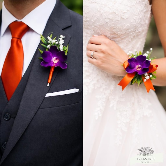 Purple Orchid, Boutonniere and Corsage, Prom Boutonniere, Grooms Wedding Boutonniere, Corsage, Wedding Flower, Artificial Flower