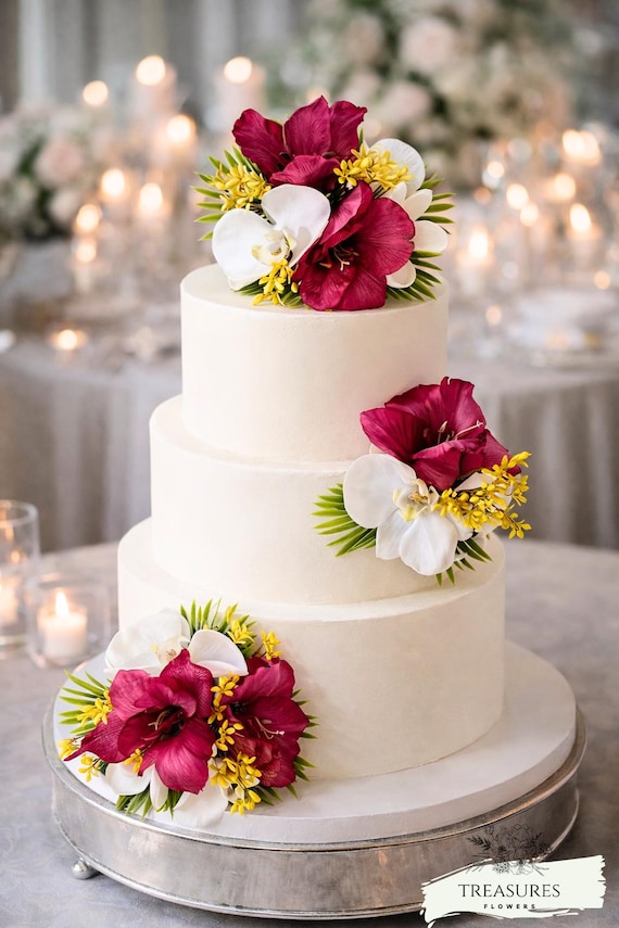 Tropical Wedding, Cake Topper and cluster, Fuchsia Cake Flowers, Cake Decor, Tropical Cake decor, Artificial Flower, Hawaiian Wedding.