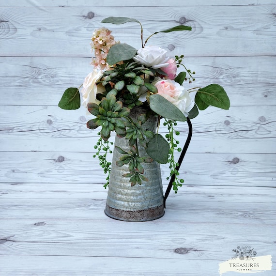 Table decor, Farmhouse Pitcher, Galvanized pitcher with flower, Mother's Day gift, home decor, Gift for Her, Office Decor, Wedding Decor.