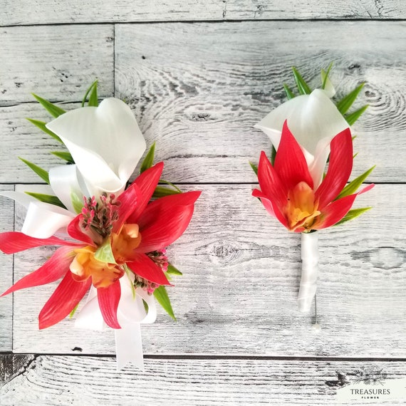 Calla Boutonniere, Orchid Cymbidium Boutonniere, Corsage & Boutonniere Set, Corsage, Boutonniere, Wedding Boutonniere, Tropical Boutonniere