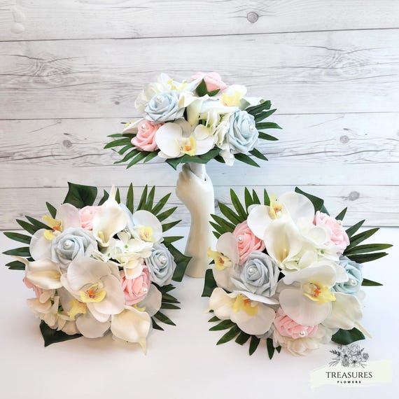 Tropical Bouquet, White Blue Pink Bouquet, Artificial Flower, Beach Wedding Bouquet, Orchid Bouquet, Roses Bouquet, wedding flower, pearls