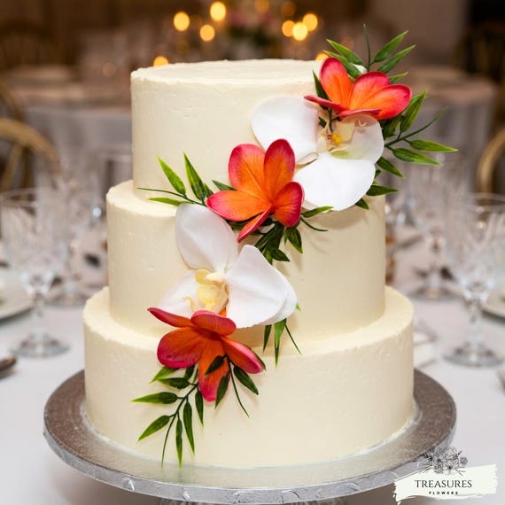 Wedding Cake Topper, Coral Cake Topper, Cake Flowers, Tropical Cake Decor, Plumeria Cake, Coral Cake, White Orchids Cake Decor, Orchids