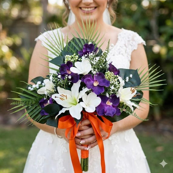 Orchid Bouquet, Tropical Bouquet, Beach Wedding Bouquet, Destination, Artificial Flower Bouquet, Wedding Bouquet, White and Purple Bouquet