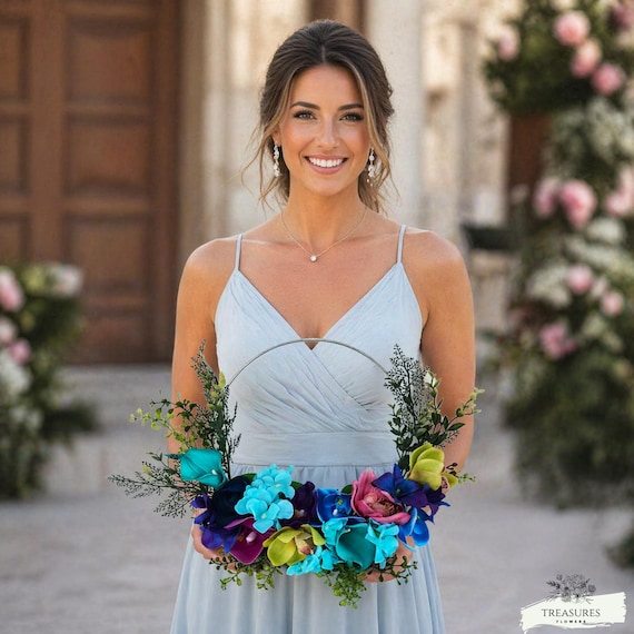 Bridesmaid hoop Bouquet, flower girl basket, Wreath Peacock Color, Tropical Hoop, Orchid Hoop, Gift for Mom, Modern hoop wreath, Floral Ring