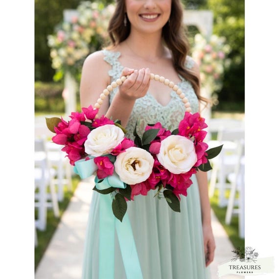 Bridesmaid hoop Bouquet, flower girl basket, wreath bouquet, Tropical Hoop, Fuchsia Bougainvillea Hoop, Gift for Mom, Modern hoop wreath