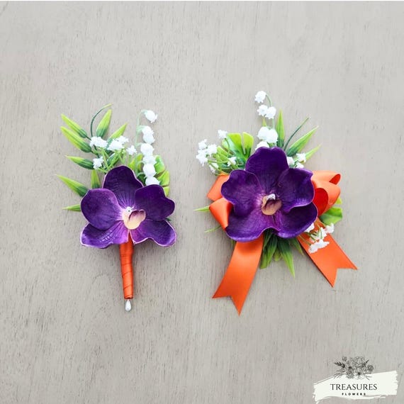 Purple Orchid, Boutonniere and Corsage, Prom Boutonniere, Grooms Wedding Boutonniere, Corsage, Wedding Flower, Artificial Flower