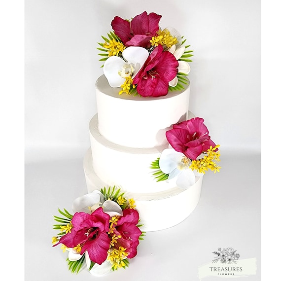Tropical Wedding, Cake Topper and cluster, Fuchsia Cake Flowers, Cake Decor, Tropical Cake decor, Artificial Flower, Hawaiian Wedding.