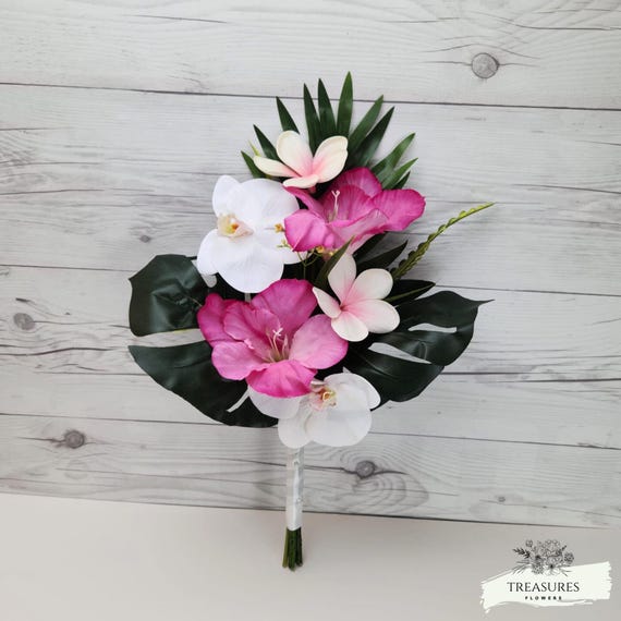 Pink and White Bouquet, Tropical bride Bouquet, bridesmaid bouquet, White Orchid, Plumeria and Pink Gladiolus Bouquet, Artificial Bouquet