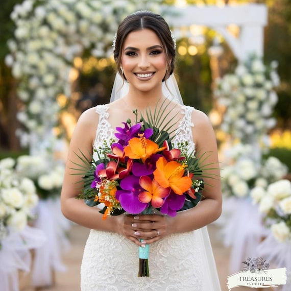 Orchid Bouquet, Tropical Bouquet, Beach Wedding Bouquet, Destination Wedding, Artificial Flower Bouq, Orange Hibiscus Bouquet, silk flower