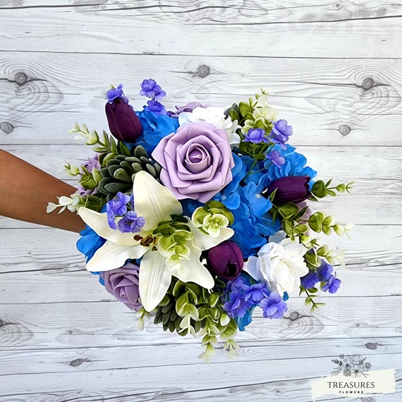 Purple blue white Bouquet, Succulent Bouquet, Garden Bouquet, Artificial Flower Wedding Bouquet, Rustic Wedding Bouquet, Lilac Roses Bouquet