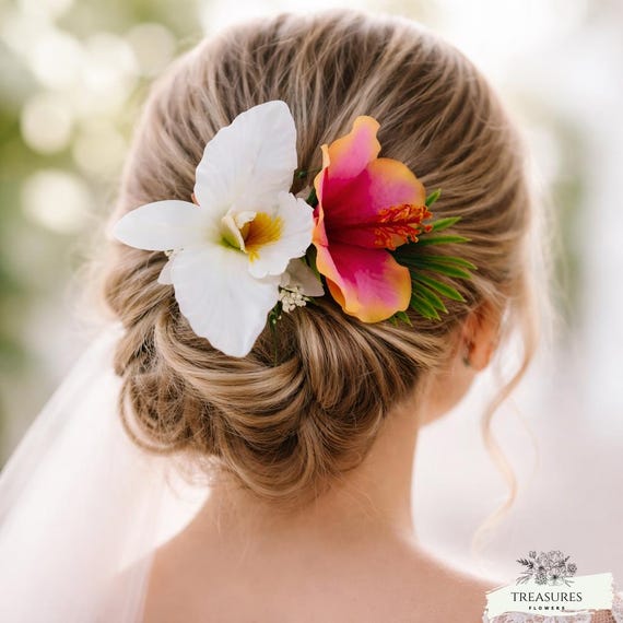 Tropical Hibiscus & Orchid Hair Flower, Bridal Hair Accessory, Wedding Hair Clip, Beach Wedding Flower, Hawaiian Style Hair Piece