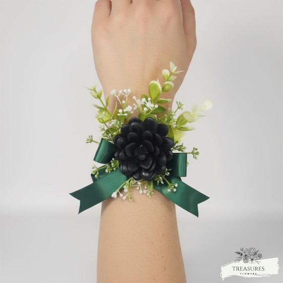Dark Succulent Wrist Corsage with Emerald Green Ribbon, Elegant Accessory for Weddings, Proms & Special Events (Stand Not Included)