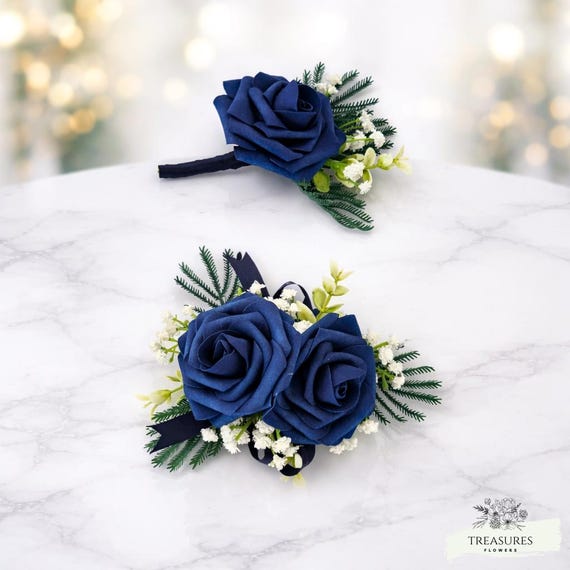 Navy Blue Rose Corsage and Boutonniere Set, Wedding Floral Accessories, Groom & Bridesmaid Flowers, Modern Romantic Style, Artificial Flower