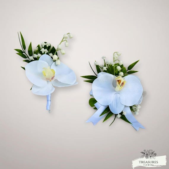White Orchid, Boutonniere and Corsage Set, Prom Boutonniere, Grooms Wedding Boutonniere, Corsage, Wedding Flower, Artificial Flower.