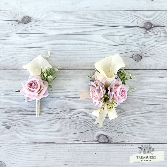 Pink Roses Boutonniere, Calla Boutonniere, Prom Boutonniere Corsage set, Grooms Wedding Boutonniere, Wedding Flower, Artificial Flower.