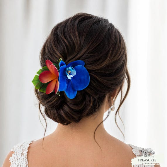 Elegant Tropical Flower Hair Accessory, Blue Orchid and Plumeria Bridal Clip, Wedding Hair Piece, Beach Wedding Floral Hair, Bridesmaid Gift