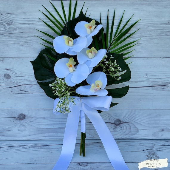 Orchid Bouquet, Bridesmaid Bouquet, White Orchid Bouquet, Tropical Bouquet, Beach Wedding Bouquet, Silk Wedding Bouquet, Destiny Wedding.