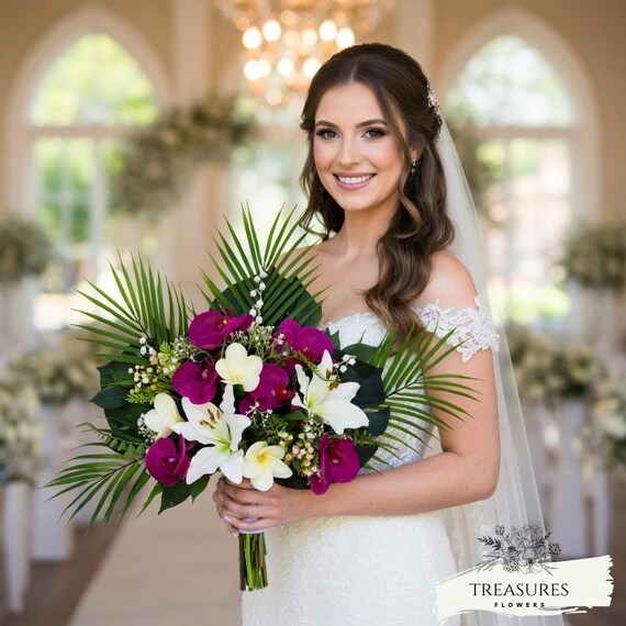 Orchid Bouquet, Tropical Bouquet, Beach Wedding Bouquet, Destination, Artificial Flower Bouquet, Wedding Bouquet, White and Fuchsia Bouquet.
