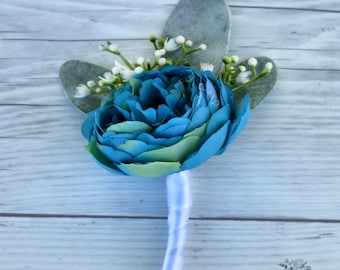 Turquoise Ranunculus Boutonniere, Prom Boutonniere, Groom Boutonniere, Wedding Flower, Artificial Flower, Rustic Wedding, Blue Boutonniere.