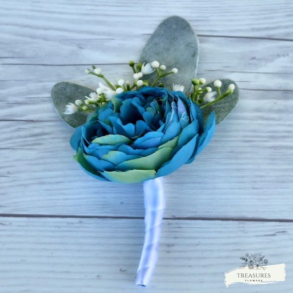 Turquoise Ranunculus Boutonniere, Prom Boutonniere, Groom Boutonniere, Wedding Flower, Artificial Flower, Rustic Wedding, Blue Boutonniere.