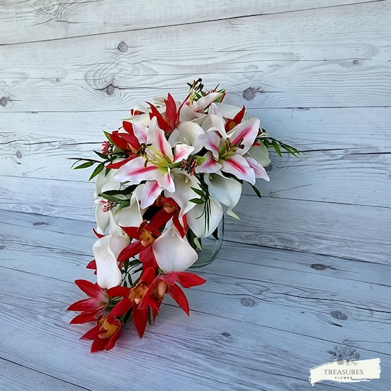 Coral Cymbidium Orchid Bouquet, Tropical Bouquet, Beach Wedding Bouquet, Cascade Bouquet, Faux Flower, White Calla, Lilies Oriental.