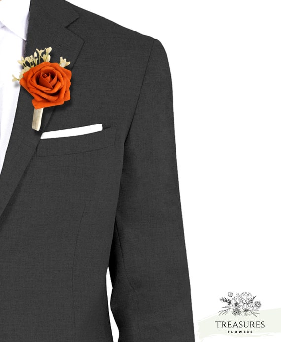 Burnt Orange Roses Boutonniere, Prom Boutonniere, Groom's Boutonniere, Wedding Flower, Artificial Flower, Rustic Wedding, Orange Boutonniere
