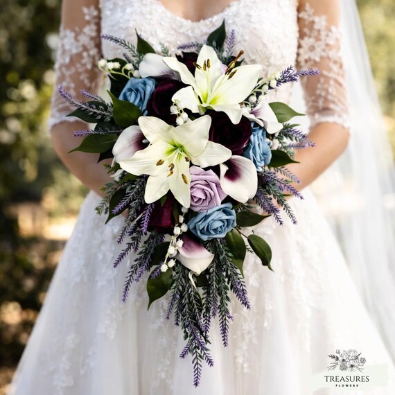 White, Purple, Blue Bouquet, Roses Bouquet, Artificial Flower, Wedding Cascade Bouquet, Cascade Bouquet, Lily Roses Calla Lavender Bouquet.