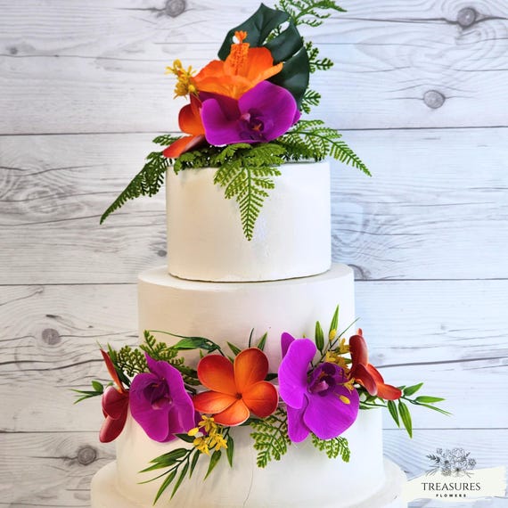Tropical Wedding, Cake Topper set, Fuchsia Cake Flowers, Cake Decor, Tropical Cake decor, Artificial Flower, Hawaiian Wedding, Plumeria cake