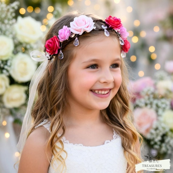 Wedding Crown, Pink Roses Crown, Bridal Flower Headpiece, Flower Crown for Bride,  Flower Girl Crown, Pink Flower Crown, Pink Roses Headband