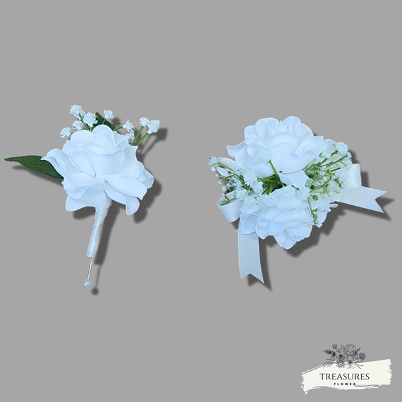 White Ivory Gardenia, Boutonniere and Corsage Set, Prom Boutonniere, Grooms Boutonniere, Wedding Flower, Corsage, artificial flower.