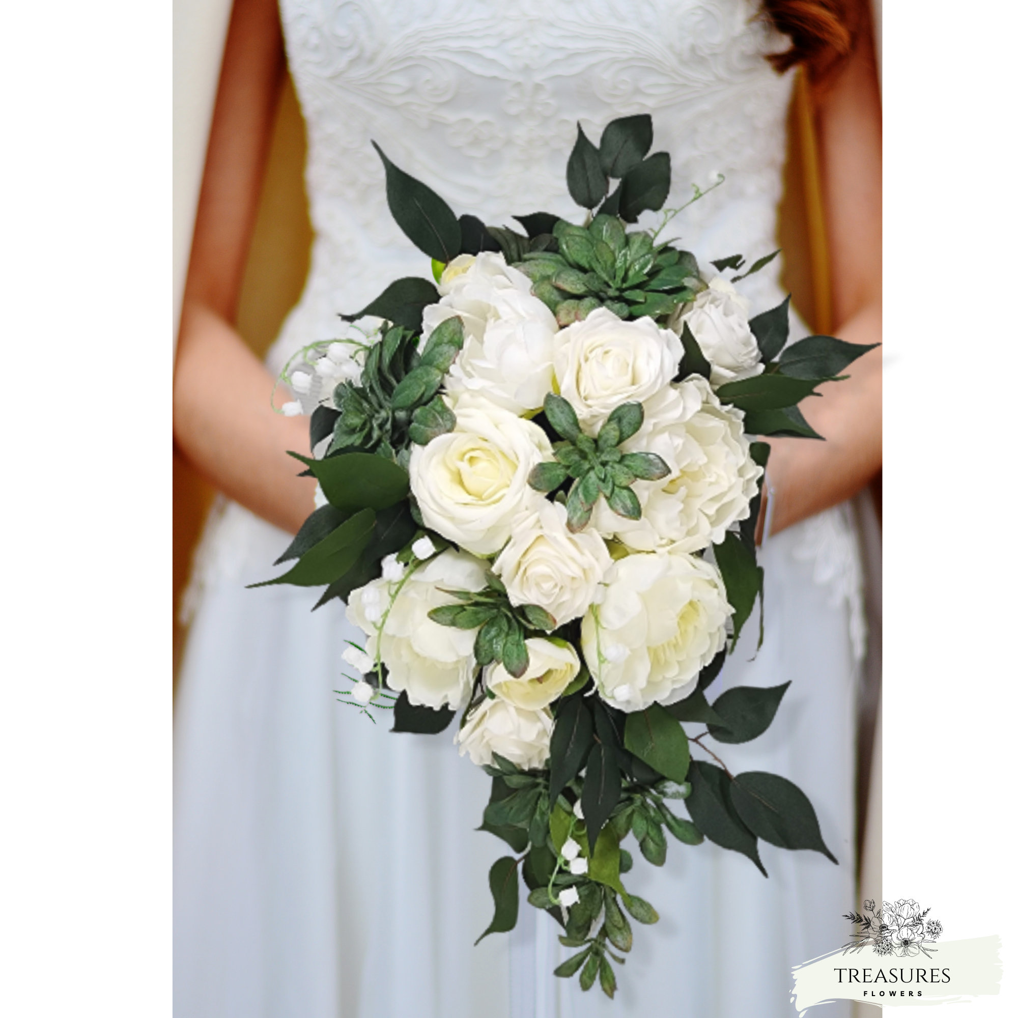 White Green Cascade Bouquet