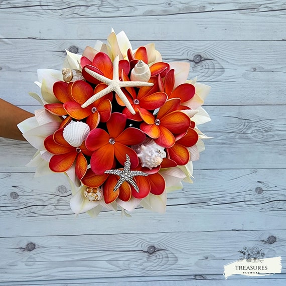 Coral Plumerias Bouquet, White Coral Bouquet, Seashells Bouquet, Artificial Flower, Beach Tropical Bouquet, Starfish Bouquet, Silk Bouquet.
