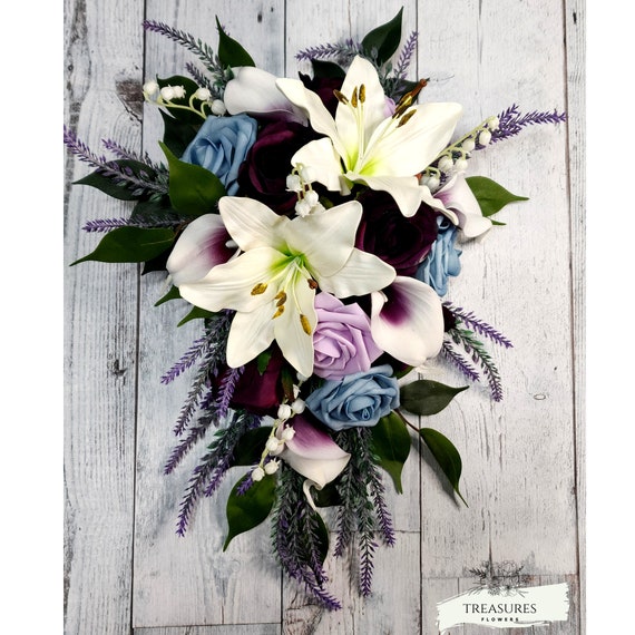White, Purple, Blue Bouquet, Roses Bouquet, Artificial Flower, Wedding Cascade Bouquet, Cascade Bouquet, Lily Roses Calla Lavender Bouquet.