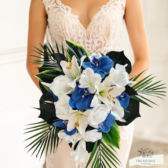 Blue & White cascade Bouquet, Blue Orchid, Tropical Bouquet, Beach Wedding Bouquet, Cascade Bouquet, Faux Flower, White bouq, wedding flower