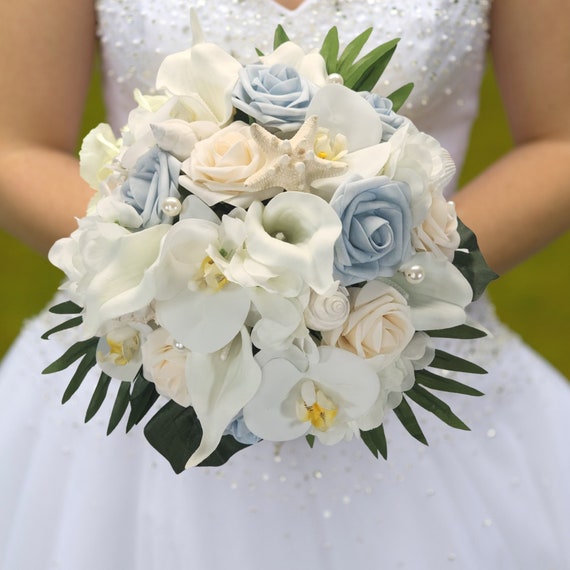 Tropical Bouquet, White Blue Ivory Bouquet, Seashells Bouquet, Artificial Flower, Beach Wedding Bouquet, Orchid Bouquet, Roses Bouquet.