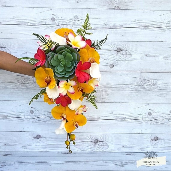 Yellow Orchid Bouquet, Tropical Bouquet, Beach Wedding Bouquet, Cascade Bouquet, Faux Flower, White Calla, Fuchsia white Plumeria, Succulent