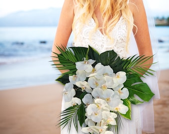 White orchid cascade Bouquet, Tropical Bouquet, Beach Wedding Bouquet, Cascade Bouquet, Faux Flower, White bouquet, wedding flower.