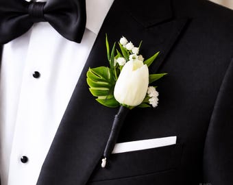 White Tulip Boutonniere, Tulip Corsage, Prom Boutonniere, Grooms Wedding Boutonniere, Corsage, Wedding Flower, Artificial Flower