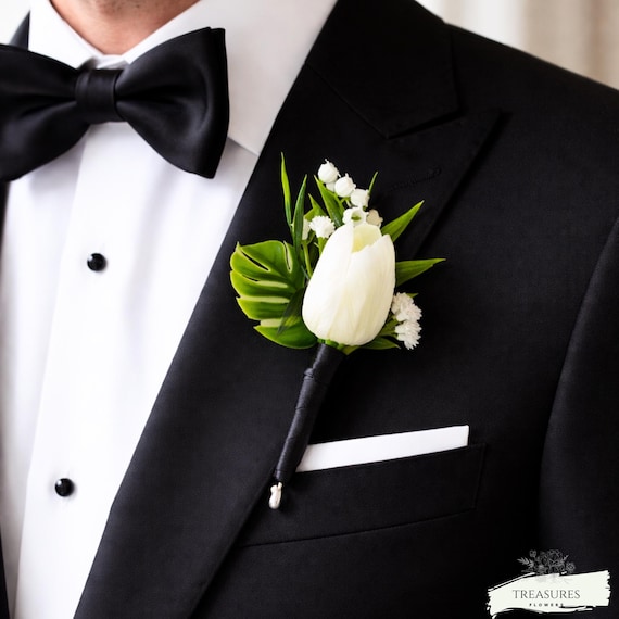 White Tulip Boutonniere, Tulip Corsage, Prom Boutonniere, Grooms Wedding Boutonniere, Corsage, Wedding Flower, Artificial Flower