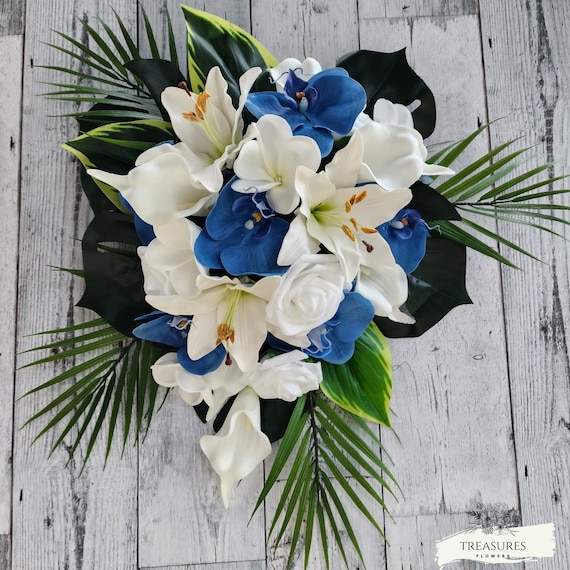 Blue & White cascade Bouquet, Blue Orchid, Tropical Bouquet, Beach Wedding Bouquet, Cascade Bouquet, Faux Flower, White bouq, wedding flower