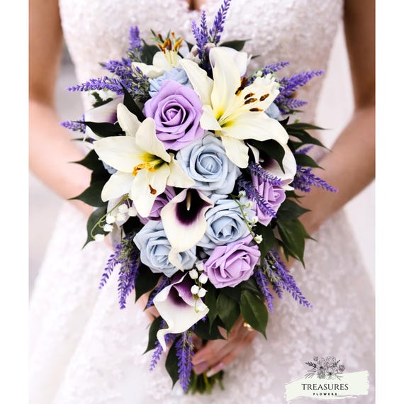White, Purple Bouquet, Roses Bouquet, Artificial Flower, Wedding Cascade Bouquet, Lily Roses Calla Lavender Bouquet, Dusty Blue bouquet