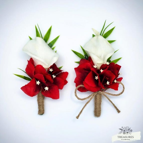 Calla Boutonniere, Bougainvillea Boutonniere, Corsage Boutonniere Set, White and Red Boutonniere, Wedding Boutonniere, Tropical Boutonniere.