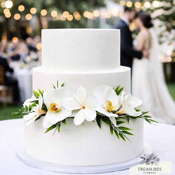 Wedding Cake Topper, White Cake Topper, Cake Flowers, Tropical Cake Decor, White Plumeria Cake, White Orchids Cake Decor, Artificial Flowers