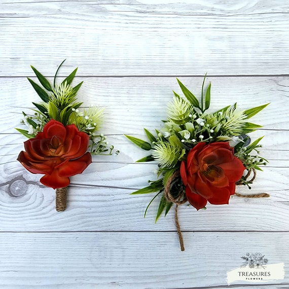 Orange Red Succulent Corsage, Succulent Boutonniere, Prom Boutonniere, Grooms Boutonniere, Wedding Flower, Artificial Flower, Rustic Wedding