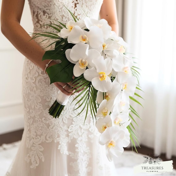 White orchid cascade Bouquet, Tropical Bouquet, Beach Wedding Bouquet, Cascade Bouquet, Faux Flower, White bouquet, wedding flower, orchid