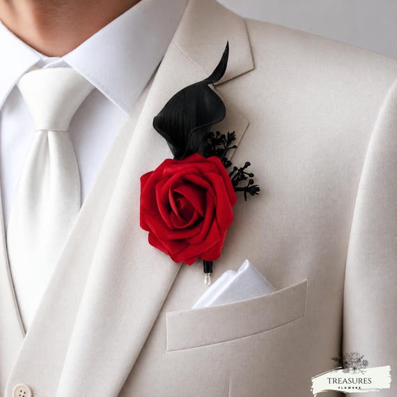 Red Rose Corsage and Boutonniere, Black and Red Wedding Flowers, Elegant Bridal Accessories, Prom Corsage, Gothic Wedding Floral, gift