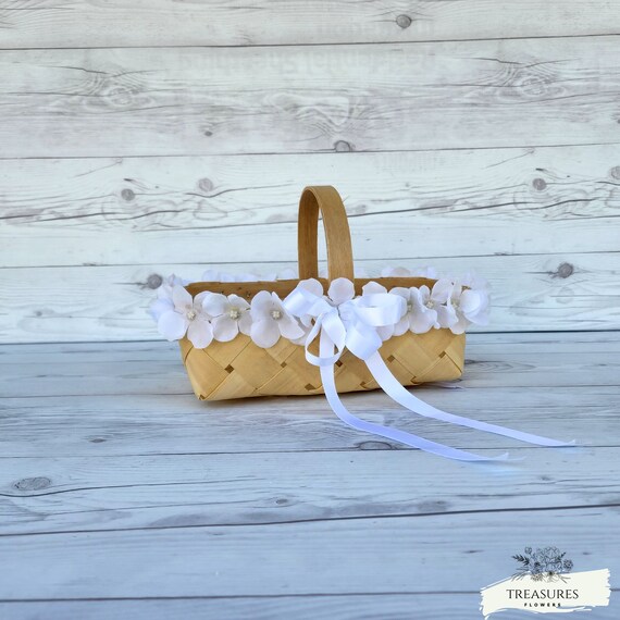 Flower Girl's Basket, Wedding Wood Basket, Rustic Girl's Basket, White Wedding, Rustic Wedding, Decorated Basket, Artificial Flower.