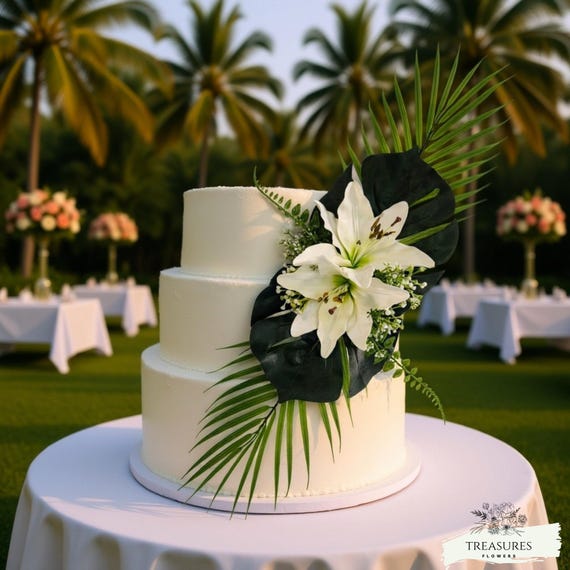 Tropical Wedding Cake Topper with White Lilies, wedding flower, Exotic Floral Decor for Beach Wedding and Summer Party, artificial flower