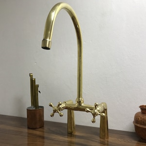 Augusta bridge unlacquered brass kitchen faucet with separate hand sprayer & Simple cross handles